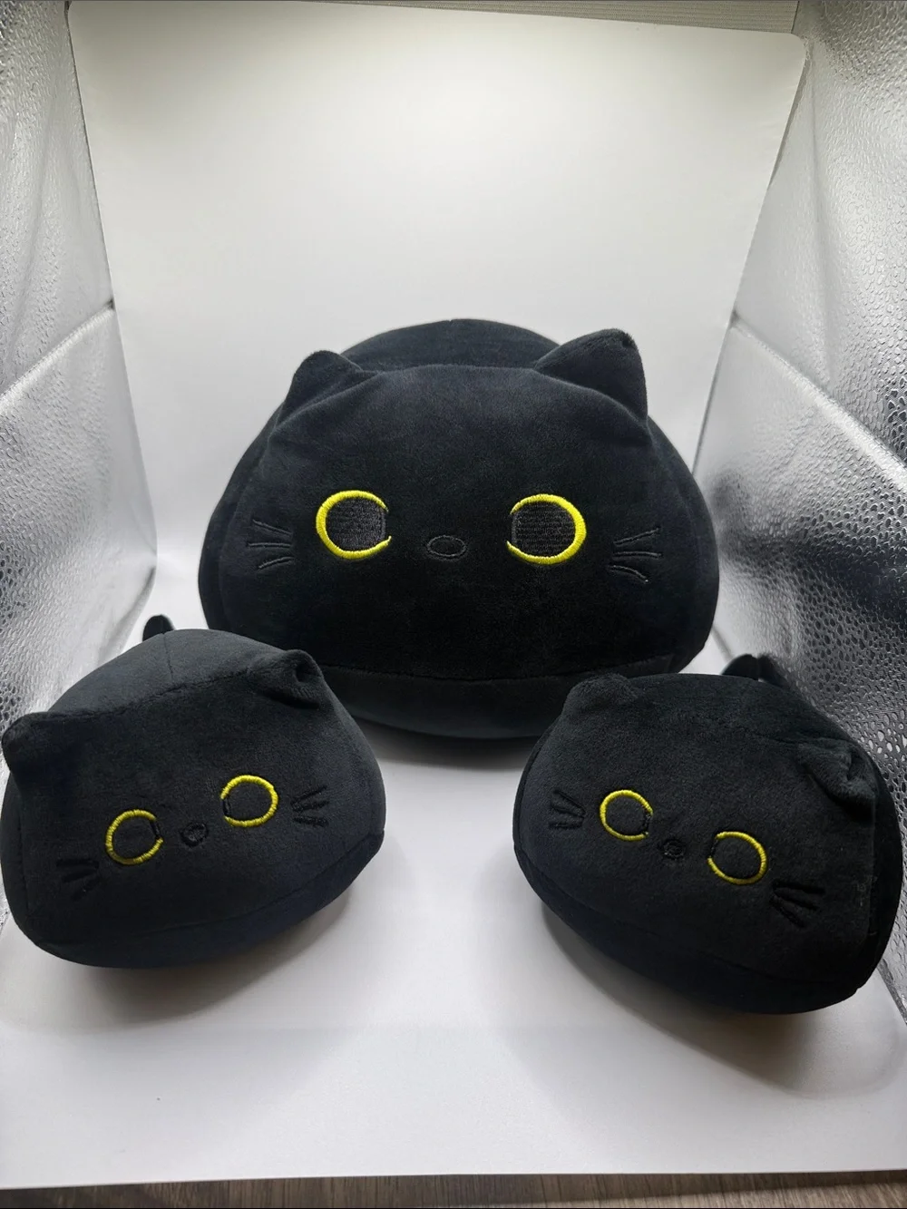 Plush Black Cat 3 Piece Set with Yellow Eyes Halloween Squishy
